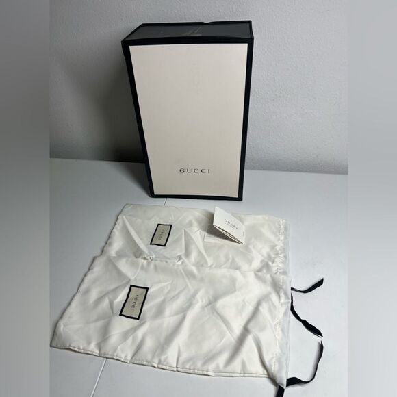 GUCCI LARGE WHITE  BLACK EMPTY BOX W/ 2 DUST SHOE BAGS SATIN IVORY TISSUE - Picture 1 of 8